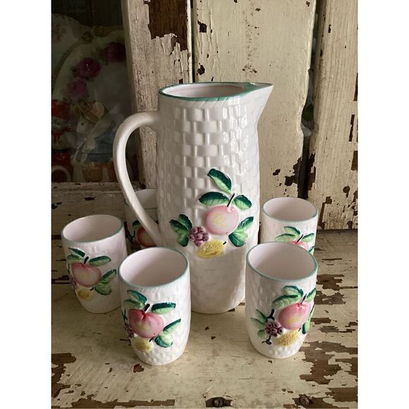 Vintage Mid-Century MCM Ceramic Pitcher and 5 Glasses Set Japan - Picture 1 of 12